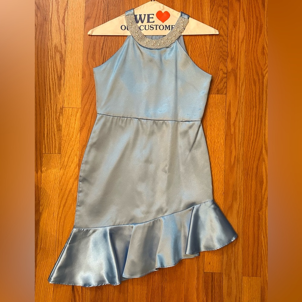 Big girl dress, Satin like look and feel, pearl halter neckline. Like new!